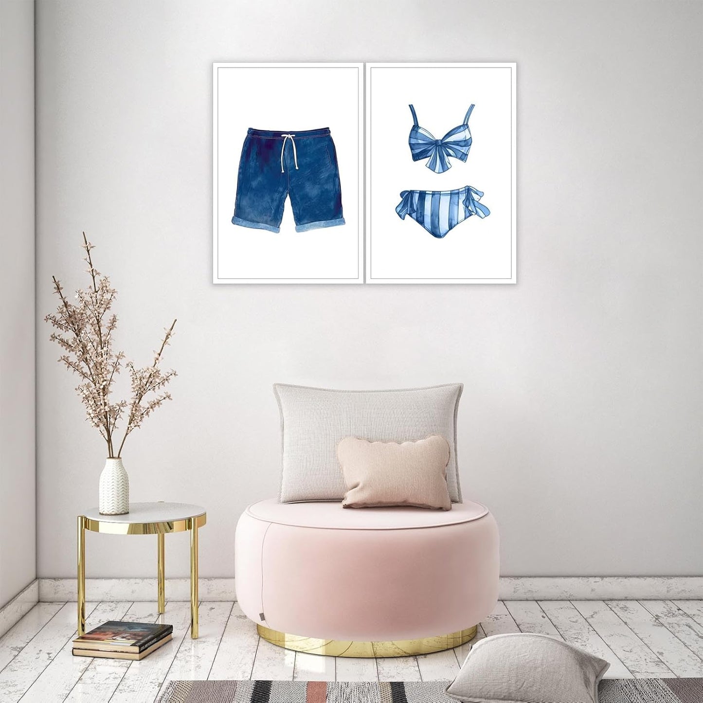 Liyark Set of 2 Retro Navy Blue And White Swimsuit Art Posters Beach Bathing Suit Prints Painting Beach House Wall Art Coastal Wall Decor Pictures For Bathroom Home Decoration 12x16in Unframed
