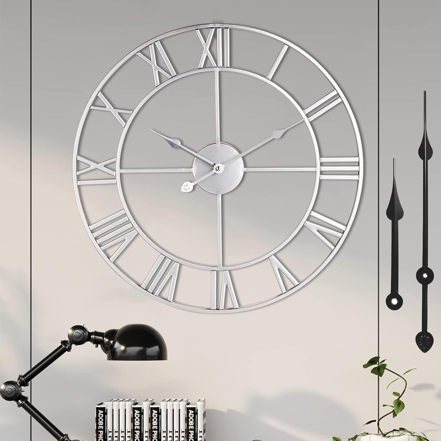 Wall Clock For Living Room Decor - 24 Inch Silent Non-Ticking Decorative Large Wall Clock, Battery Operated Vintage Retro Roman Numerals Metal Silver Wall Clock for Farmhouse, Kitchen, Bedroom Office