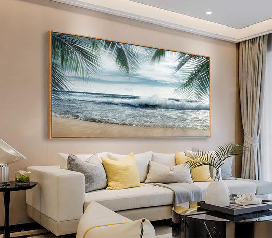Framed Tropical Beach Wall Art - Ocean Waves Canvas Pictures Coastal Blue Sky and Sea Print Seaside Palm Tree Leaves Scene Painting Artwork Living Room Bedroom Office Home Decor 29" x 58"