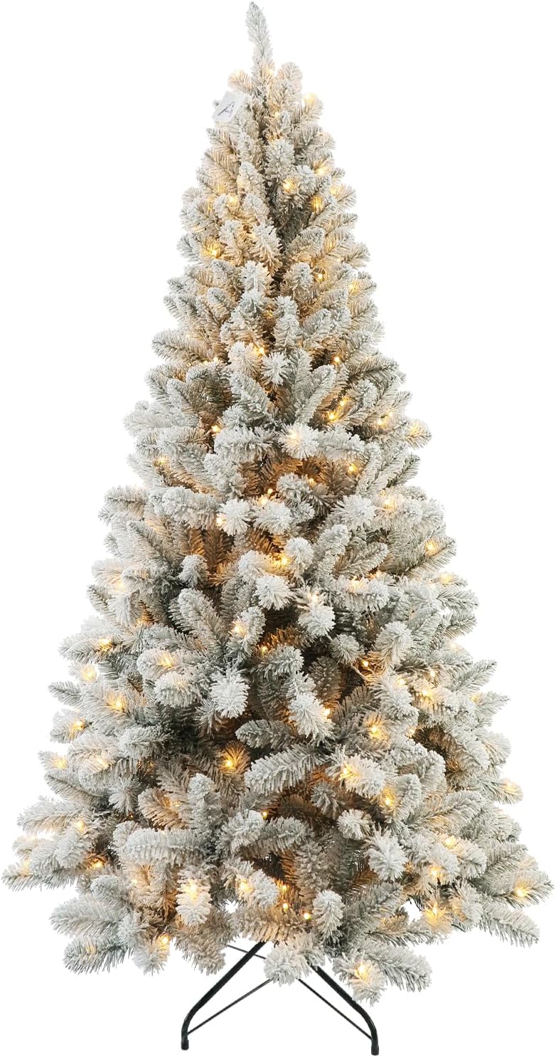 Prelit Christmas Tree with Lights 6ft - Premium Snow Flocked Artificial Xmas Tree,with 874 Branch Tips and 250 Warm Lightsm,Support Automatique,Perfect Choice for Christmas Decorations,White