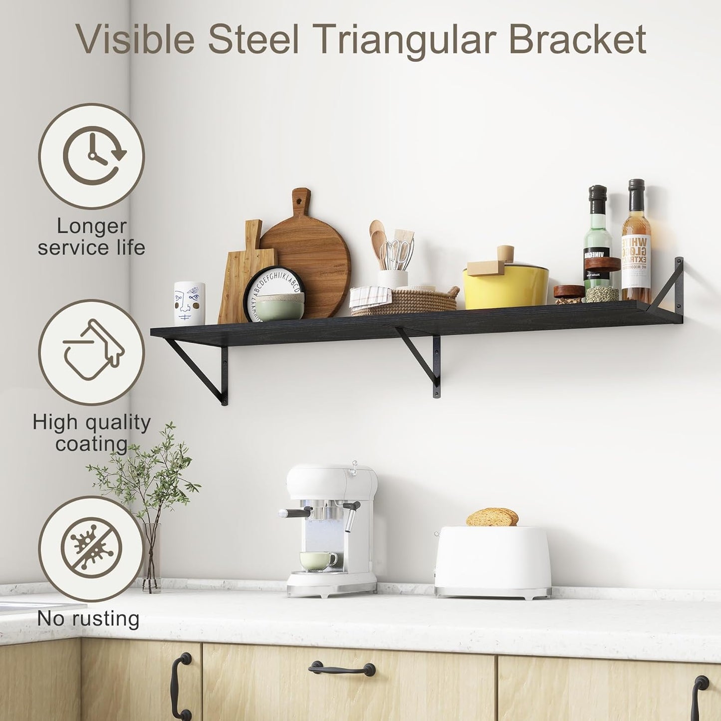 12 Inch Deep Floating Shelves, Black Floating Shelves 48W x 12D, Deep Wall Shelves Bracket Set of 2, Large Display Hanging Floating Shelf for Bathroom, Living Room, Wide Storage Wooden Wall Shelf