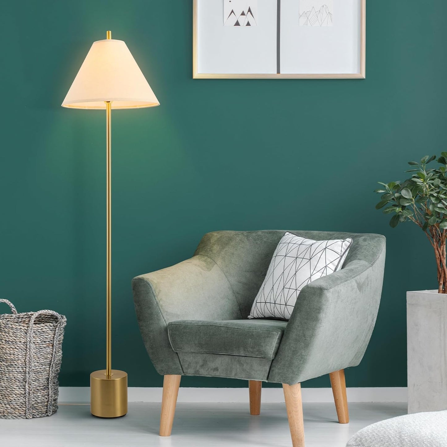 GLOBE Electric 61000060 60" Floor Lamp, Matte Brass Finish, Beige Linen Shade, Heavy Weighted Base, Rotary Switch on Shade, Modern Standing Light for Living Room, Home Office Accessories