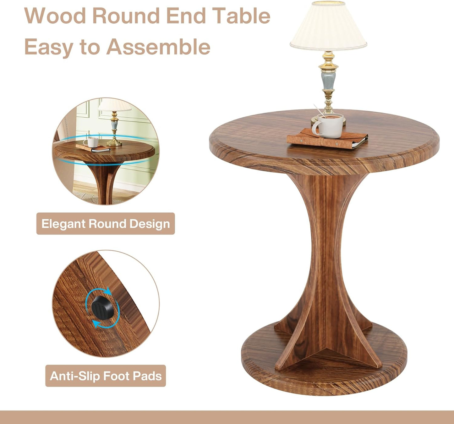 Tribesigns Round End Table for Living Room, Wood Side Table Set of 2, Mid-Century Bedside Nightstand for Bedroom, Accent Table, Easy Assembly, Vintage Brown