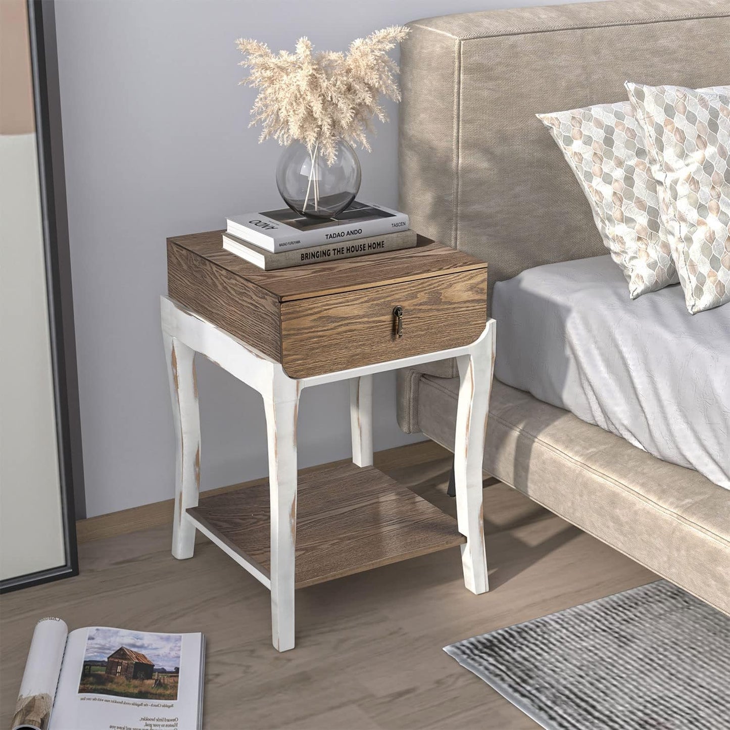COSIEST Rustic Nightstand, 2-Tier Farmhouse Bedside Table, Wood Accent End Table with Storage Drawer and Open Display Shelf for Bedroom Nursery Living Room(Walnut)