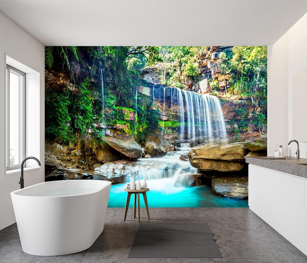 -Green Lake Waterfall Scenery Fabric Wallpaper Living Room Woodland Forest Mountain Bedroom Bathroom Large Wall Mural- 137"x96"（ not Peel and Stick）