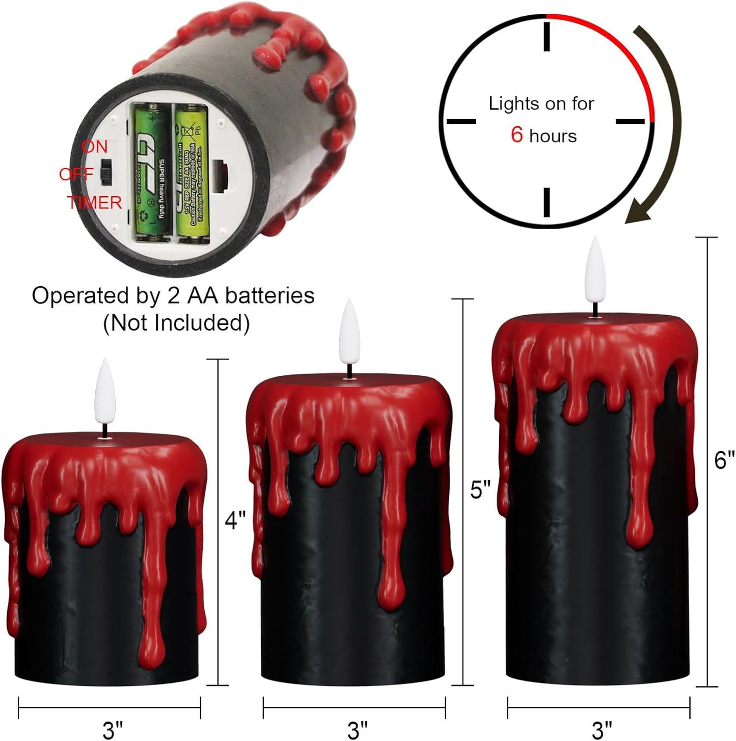 Wondise Halloween Flameless Candles with 6H Timer, Battery Operated Dripping Real Wax Black LED Pillar Candles 3D Wick Flickering Spooky Halloween Indoor Decoration (3 Pack, 3 x 4,5,6 Inches)