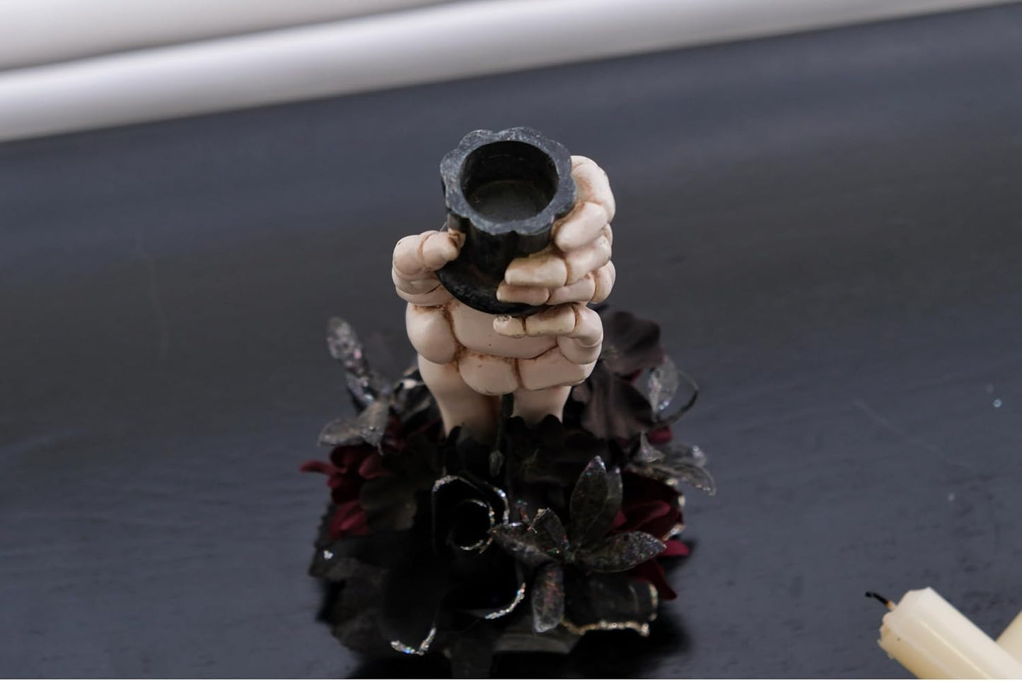 Skeleton Hand Halloween Candle Holder, Resin Candlestick Holder with Black&Burgundy Artificial Flowers Arrangement, Gothic Halloween Decor for Coffee Table/Dining Table Centerpiece, 6" Height
