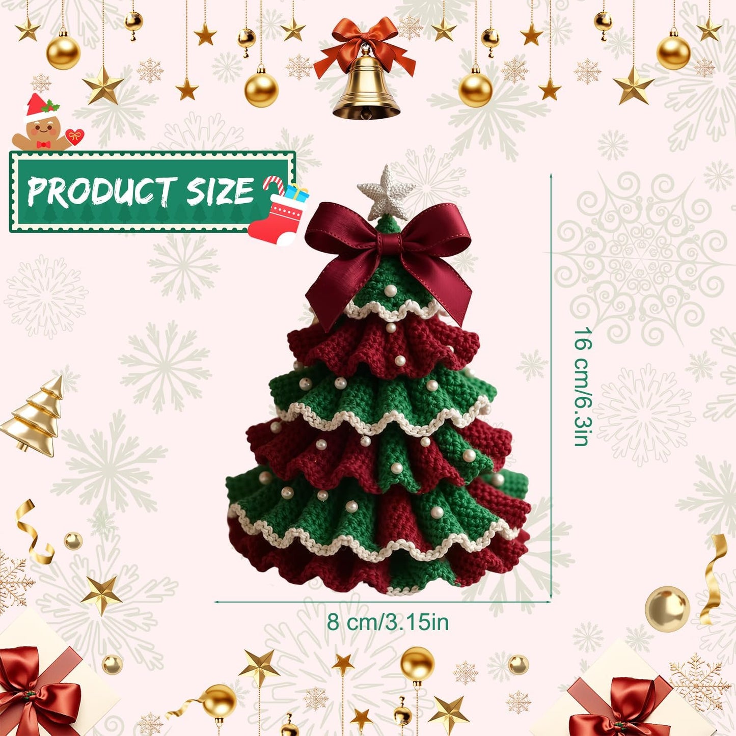 SHANGFEI DIY Crochet Christmas Tree Kit,Handmade Crochet Christmas Tree,Tree Bow Pearl Embellishment,Beginner Christmas Crochet Kit,Christmas Craft Kit(Red+Green)