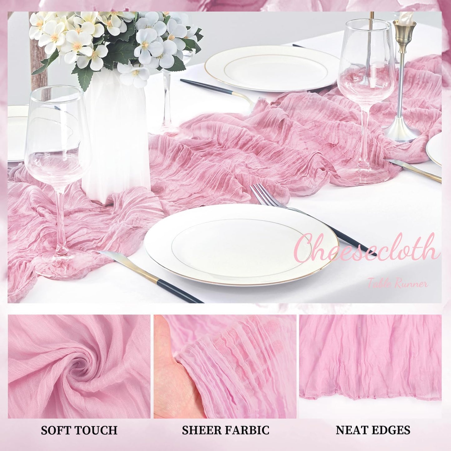 Light Pink Cheesecloth Table Runner 6 Pack 10FT Rustic Gauze Fabric Cheese Cloth Table Runner for Wedding 20 x 120 Inch Long Bridal Baby Shower Table Decorations Boho Sheer Birthday Party Table Decor
