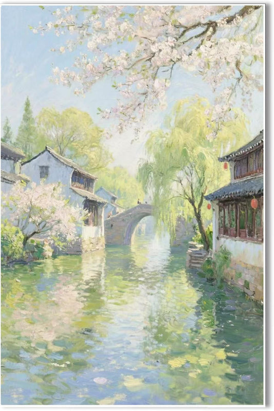 Small bridge stream house Jiangnan style landscape poster suitable for living room bedroom office natural oil painting poster