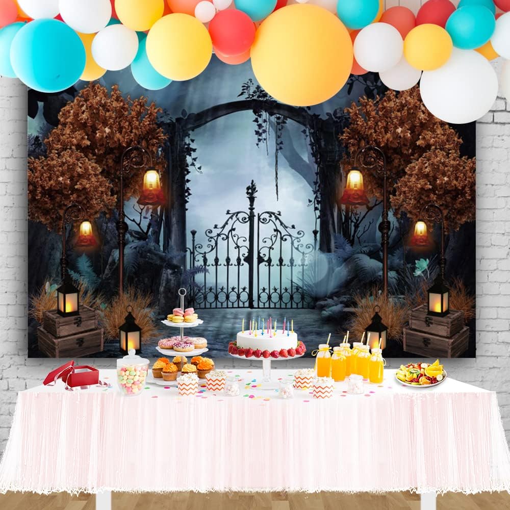 Durable Fabric Halloween Backdrop 7x5ft Horror Cemetery Iron Gate Scary Halloween Photo Background for Photography Halloween Party Decorations Banner Photo Studio Decoration Supplies