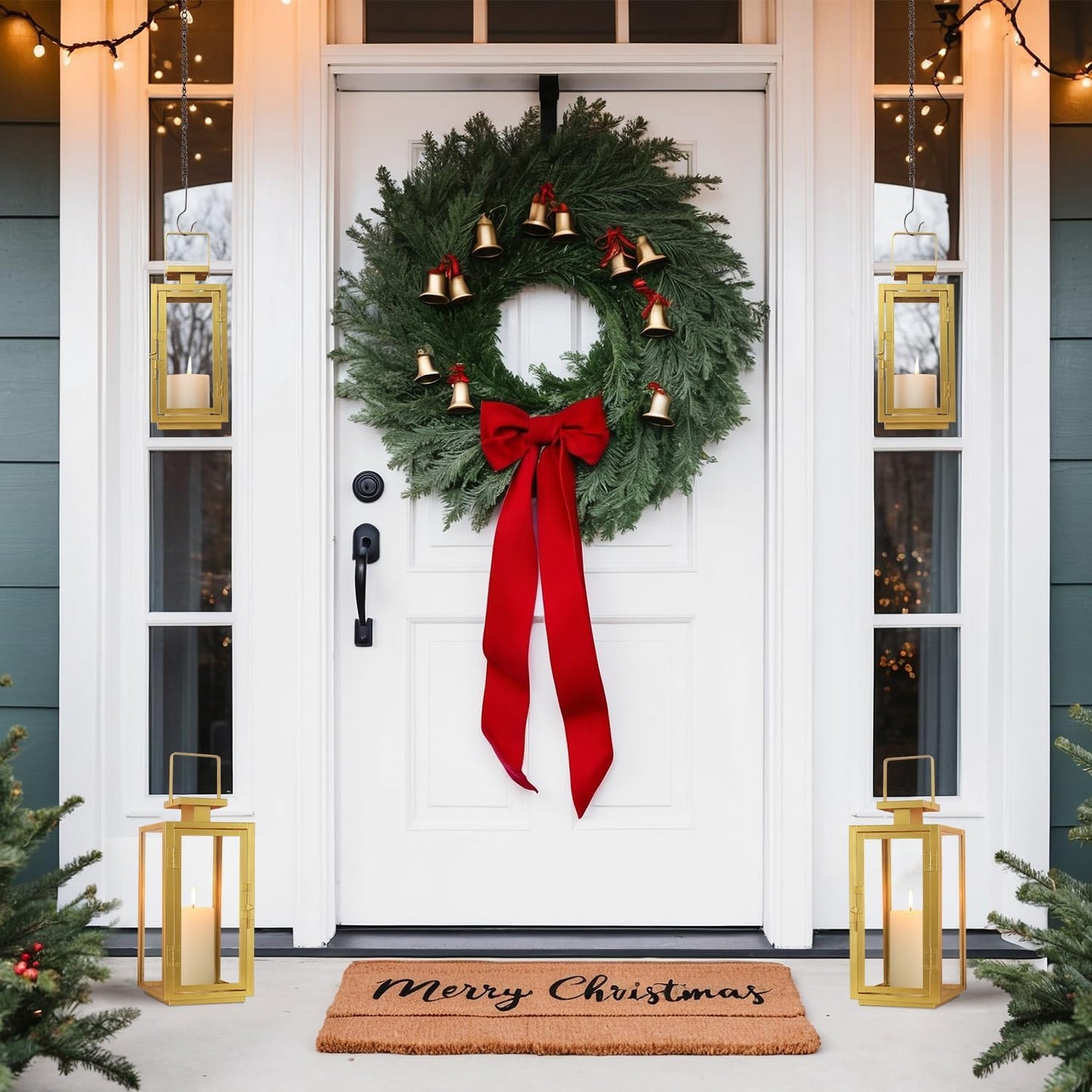 DECORKEY Fall Christmas Golden Decorations for Home, 17''&13'' Metal Candle Lanterns Decorative Outdoor&Indoor, Modern Hanging/Tabletop Candle Holders for Porch Patio Wedding Decor