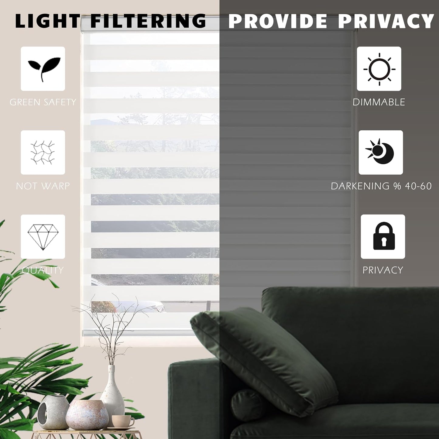 Blinds for Windows Dual Layer Zebra Roller Shades Light Filtering Sheer Window Privacy Light Control for Day and Night(W41 x H72(Inch), White)