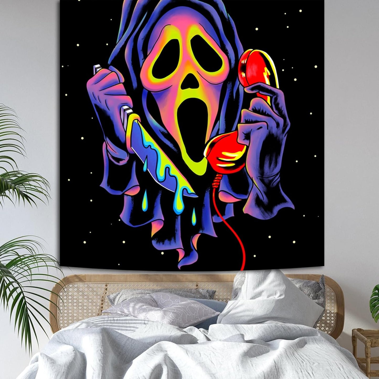 SparkLia Blacklight Horror Skull Tapestry, UV Reactive Neon Scary Face Wall Hanging, Glow in the Dark Spooky Decor for Bedroom, Gaming Room & Party - 51 x 59 inches