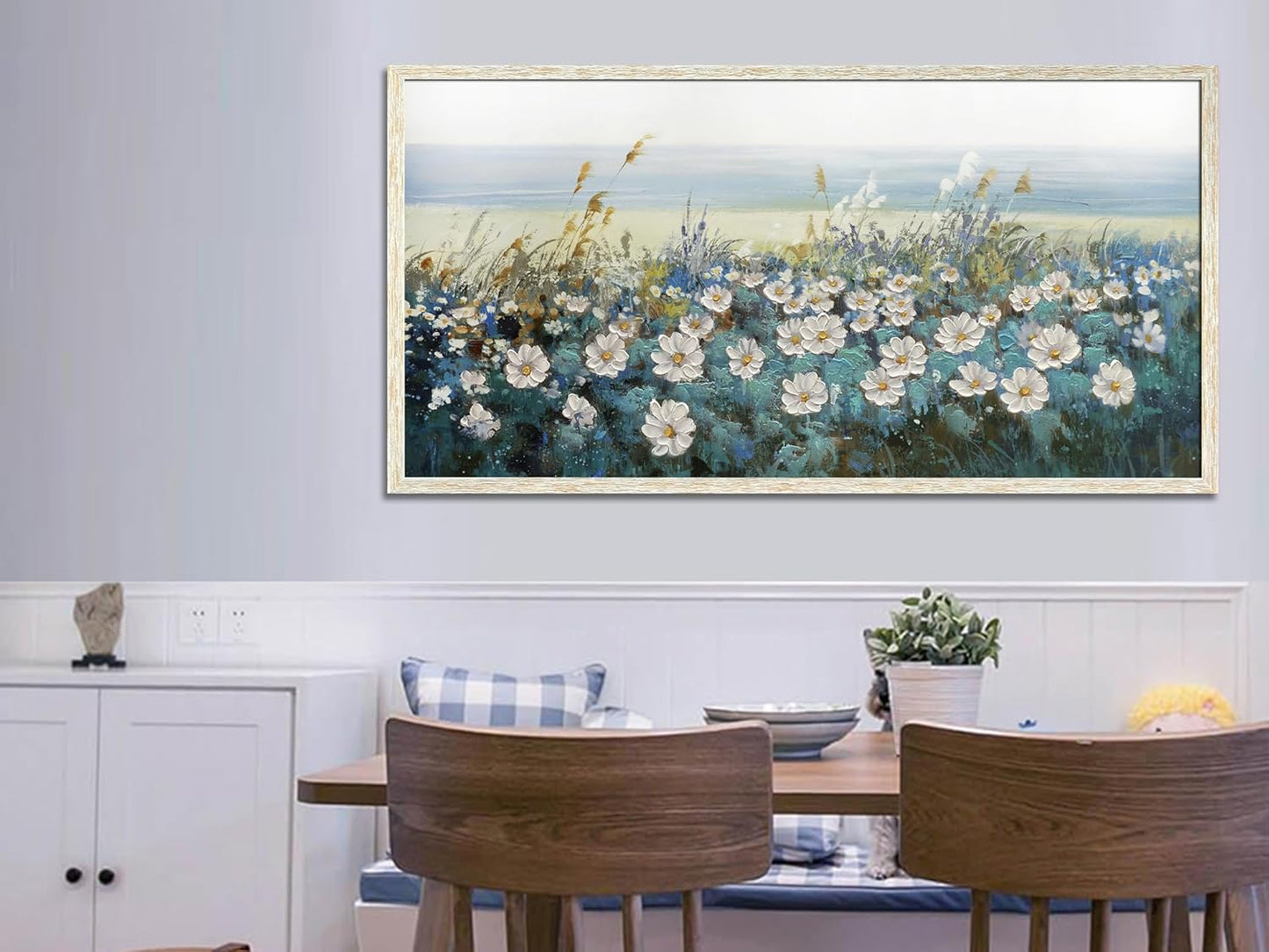 Arjun Flowers Wall Art Canvas White Daisy Floral Painting Blue Coastal Landscape Picture Modern Artwork for Living Room Bedroom Bathroom Dinning Room Office Home Wall Decor Large Framed 48"x24"