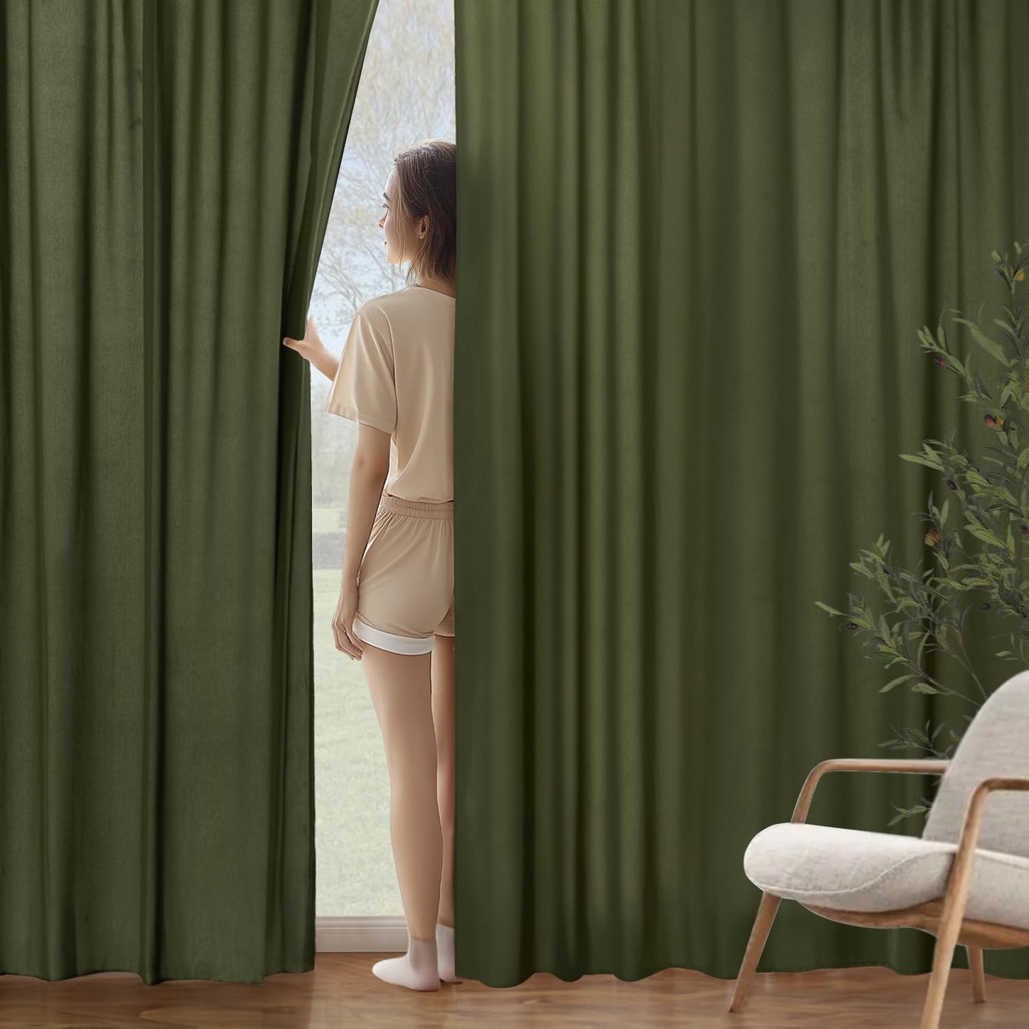 MIULEE Olive Green Privacy Sheer Curtains That Let Light in 90 Inches Long Non-See-Through Semi Sheer Curtain Light Filtering Window Curtains Drapes for Living Room Bedroom 2 Panels Set 42 X 90