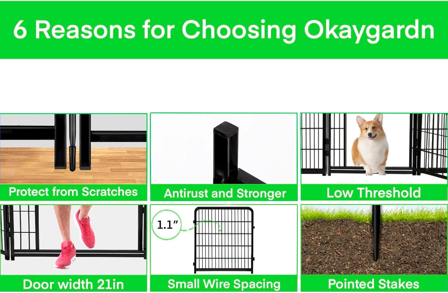 Tall Garden Fences and Borders, 54 in(H) Dog Fences for The Yard, 4 Panels Total 8.9 Ft Long, Gate 21 Inches Wide with Low Sills. Dog Fence Outdoor or Indoor. Fencing for Garden Beds