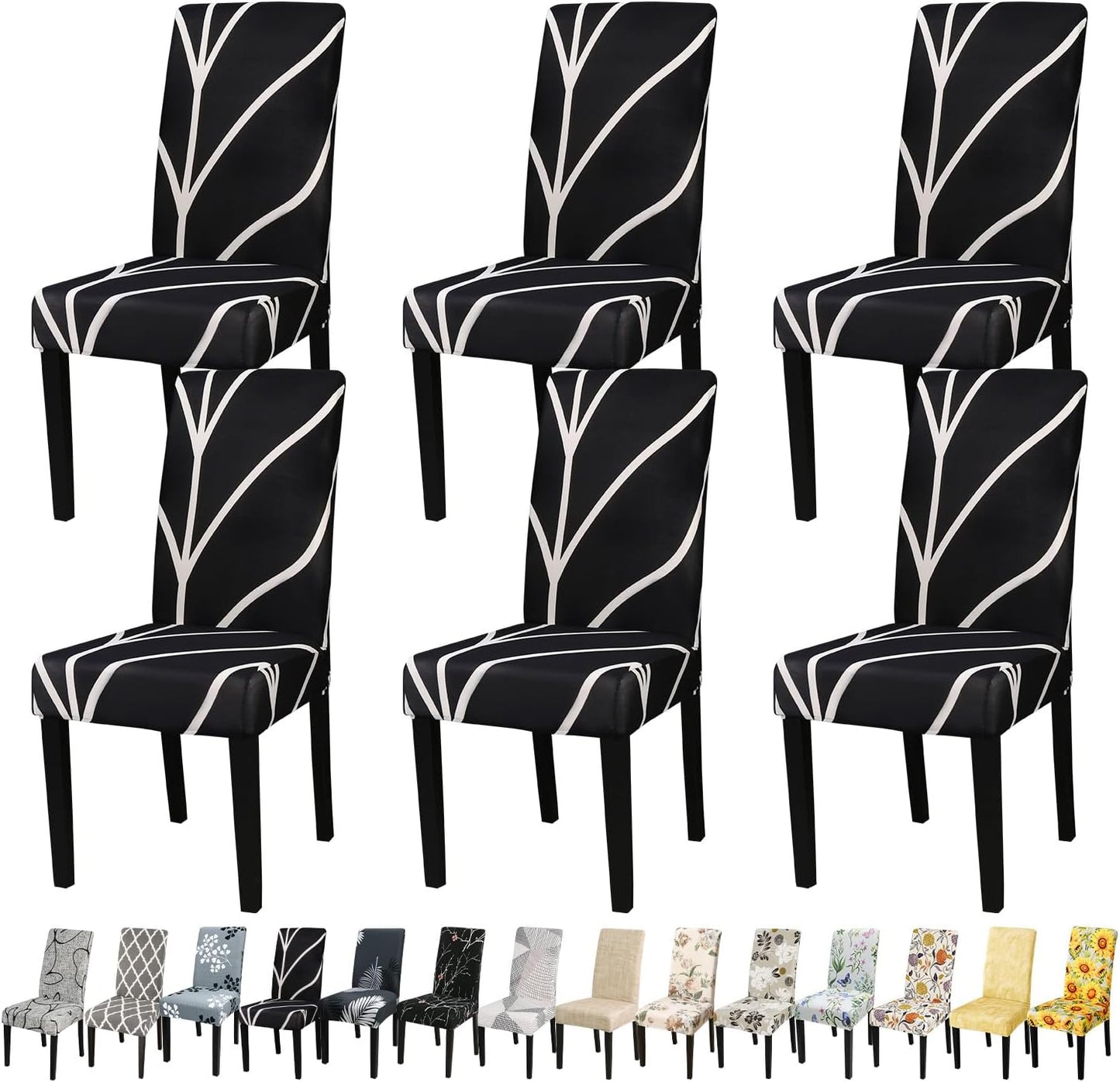 JQinHome Black Chair Covers for Dining Room Set of 6, High Stretch Removable Washable Parsons Chair Slipcover for Home Party Hotel Wedding Ceremony (6PCS, Geometric)