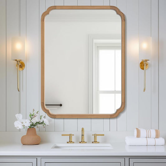 WallBeyond 30" x 40" Rounded Corner Arch Wall Mirror with Wood Frame for Entryway, Living Room or Bedroom Home Decor - Light Woodgrain [30 x 40 inches, Honey-Colored]