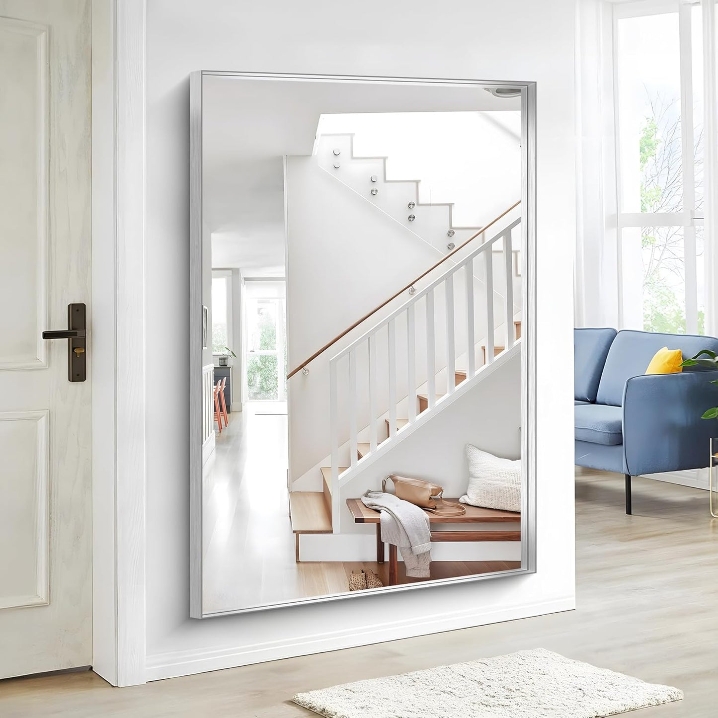 Silver Bathroom Mirror, 60x40 Inch Rectangular Framed Mirror, Large Wall Mounted Bathroom Vanity Mirror Over Sink for Bedroom,Restroom, Living Room, Hangs Vertically or Horizontally