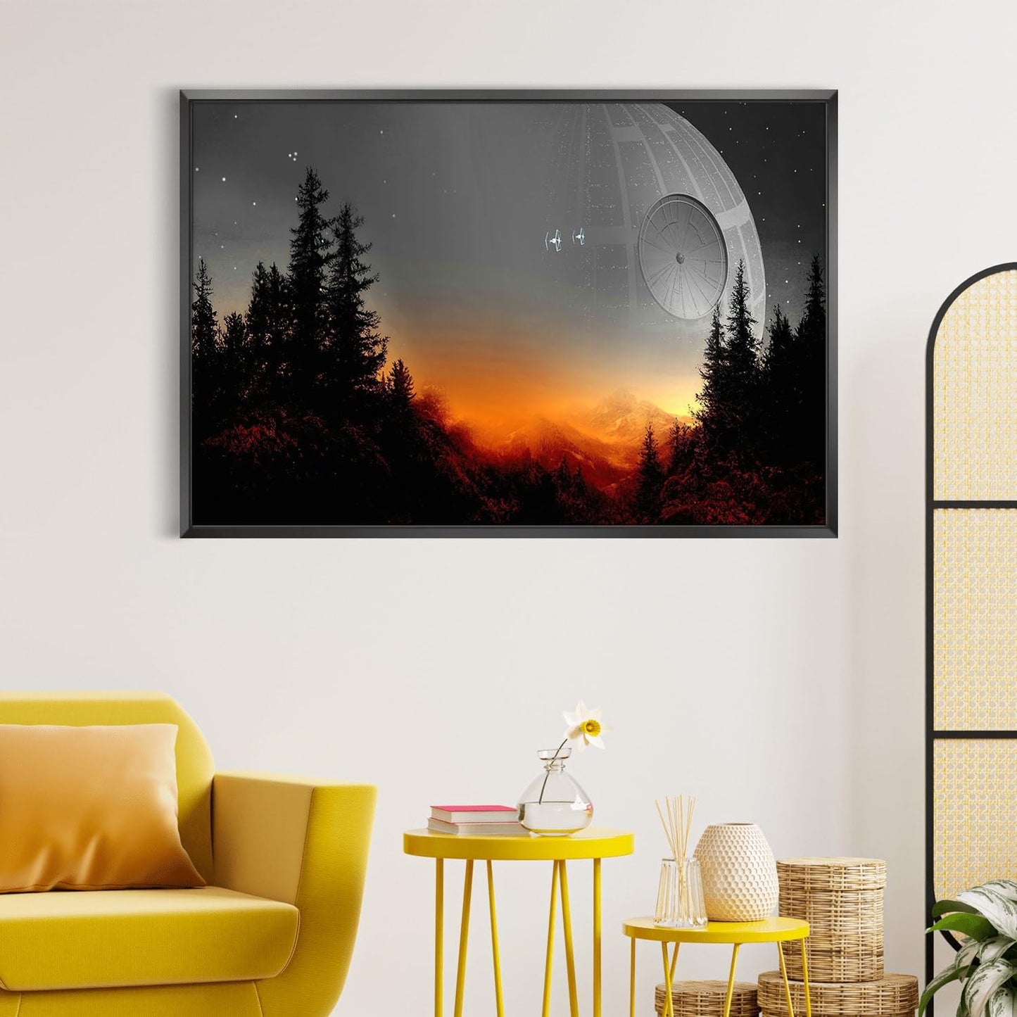 Death Star Inspired Canvas Print Wall Art | Futuristic Space Station Artwork | Smooth Surface Home Decor – Various Sizes (45in x 30in Modern Black Framed)