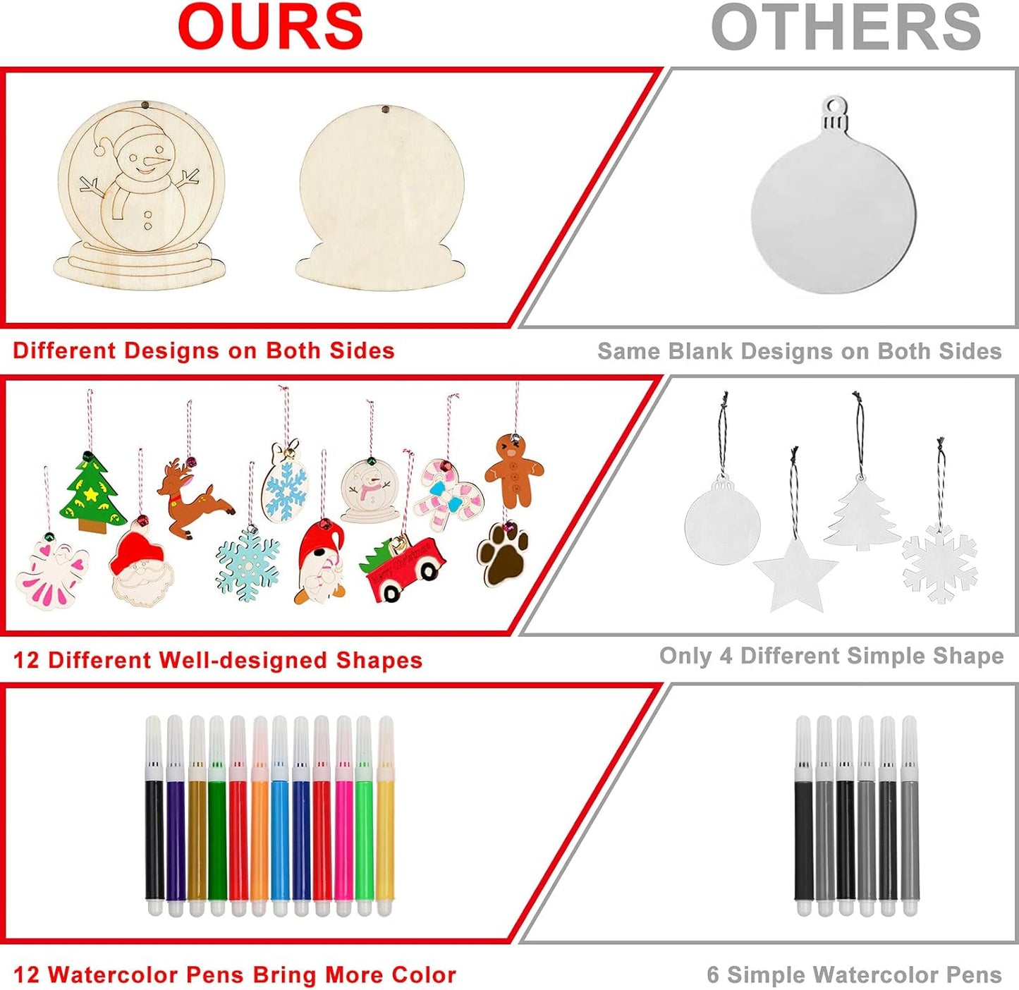 GUDELAK 60PCS DIY Wooden Christmas Ornaments, 12 Styles Christmas Crafts for Kids Adults with Ropes, 60 Bells and 12 Colored Pens, Unfinished Wood Ornaments Making Kit for Christmas Tree Decorations