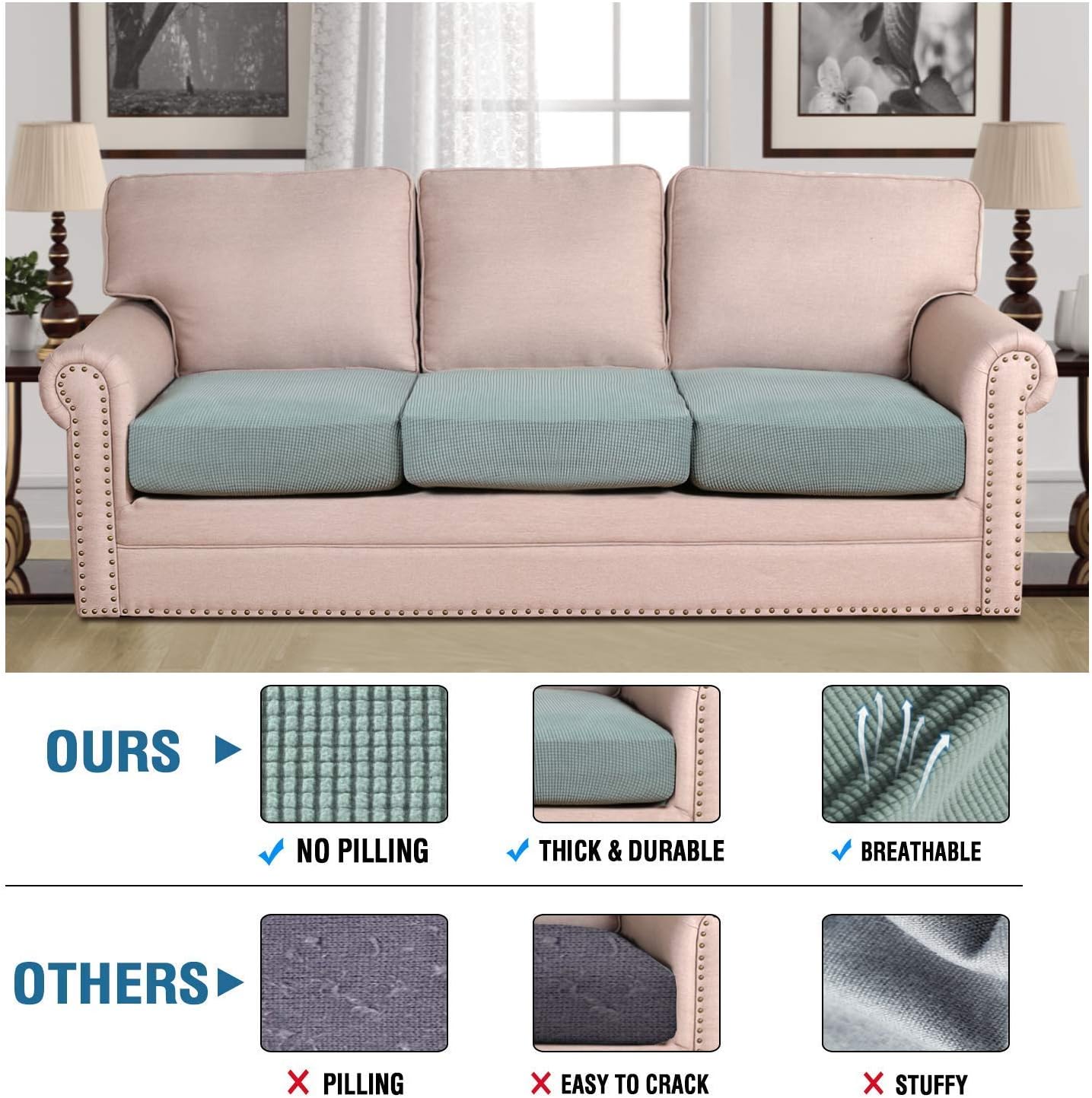 H.VERSAILTEX Super Stretch Individual Seat Cushion Covers - Sofa & Couch Cushion Slipcover Sets - Thick Jacquard Textured Twill Fabric (3 Piece XL, Sage)