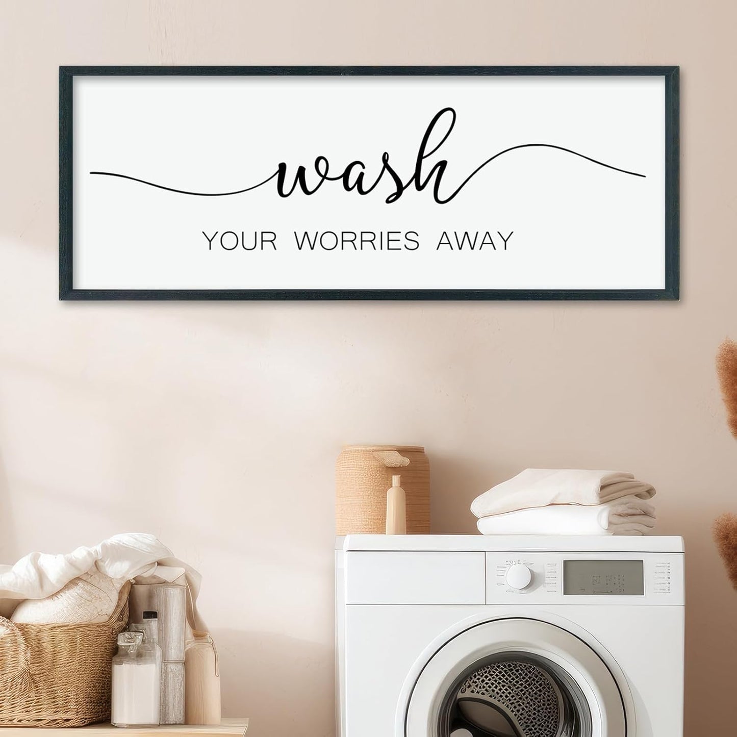 LuZhiQiang Wash Your Worries Away Sign Bathroom Wall Art Decor 40"×15" Large Wood Framed Laundry Room Funny And Artwork Wall Hanging (Black)