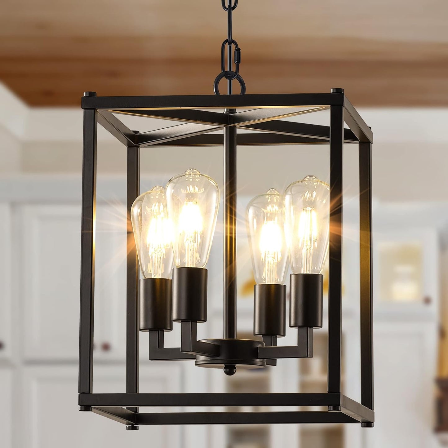 Lantern Pendant Light, 4-Light Black Chandelier,Modernized Ceiling Hanging Light Fixture for Bedroom Kitchen Island Foyer Living Room Dining Room Hallway