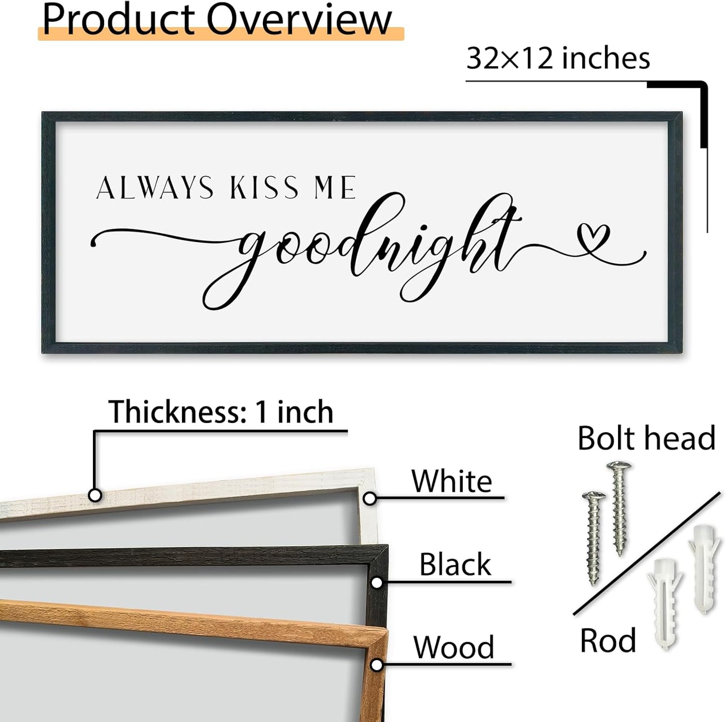 SRSZHIYUE Always Kiss Me Goodnight Sign Wall Decor Art for Master Bedroom Above Bed 32"×12" Large Wood Framed Wall Hanging (Black)