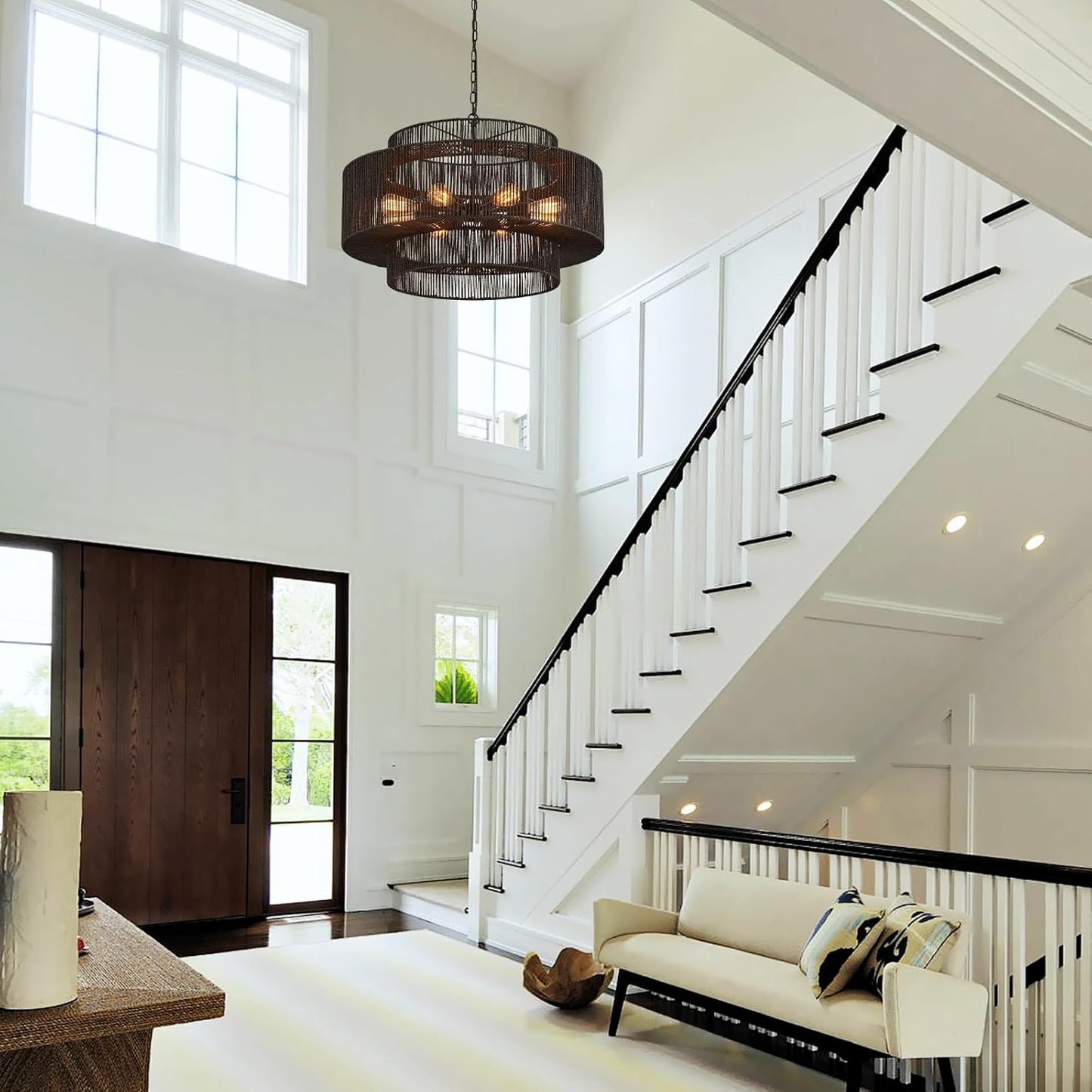 30" Large Hand-Woven Rattan 8-Light Farmhouse Boho Bamboo Chandeliers Light Fixture Retro 3-Tier Drum Wicker Rattan Black Chandelier for Dining Room, Kitchen Island, Bedroom