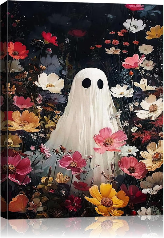 Halloween Canvas Wall Art,Vintage Cute Ghost & Wildflowers Framed Poster, Spooky Fall Decorations for Indoor, Gothic Dark Academia Wall Decor, Funny Halloween Decorations for Living Room Bedroom
