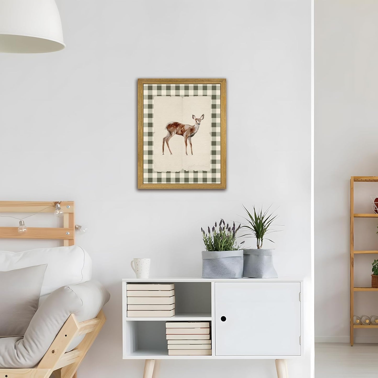 Wood Framed Deer Wall Art Print, Woodland Baby Deer Canvas Poster Wall Decor, Vintage Rustic Green Gingham Farmhouse Animal Picture for Living Room Kitchen Bedroom Nursery Decor, 12x16 inch