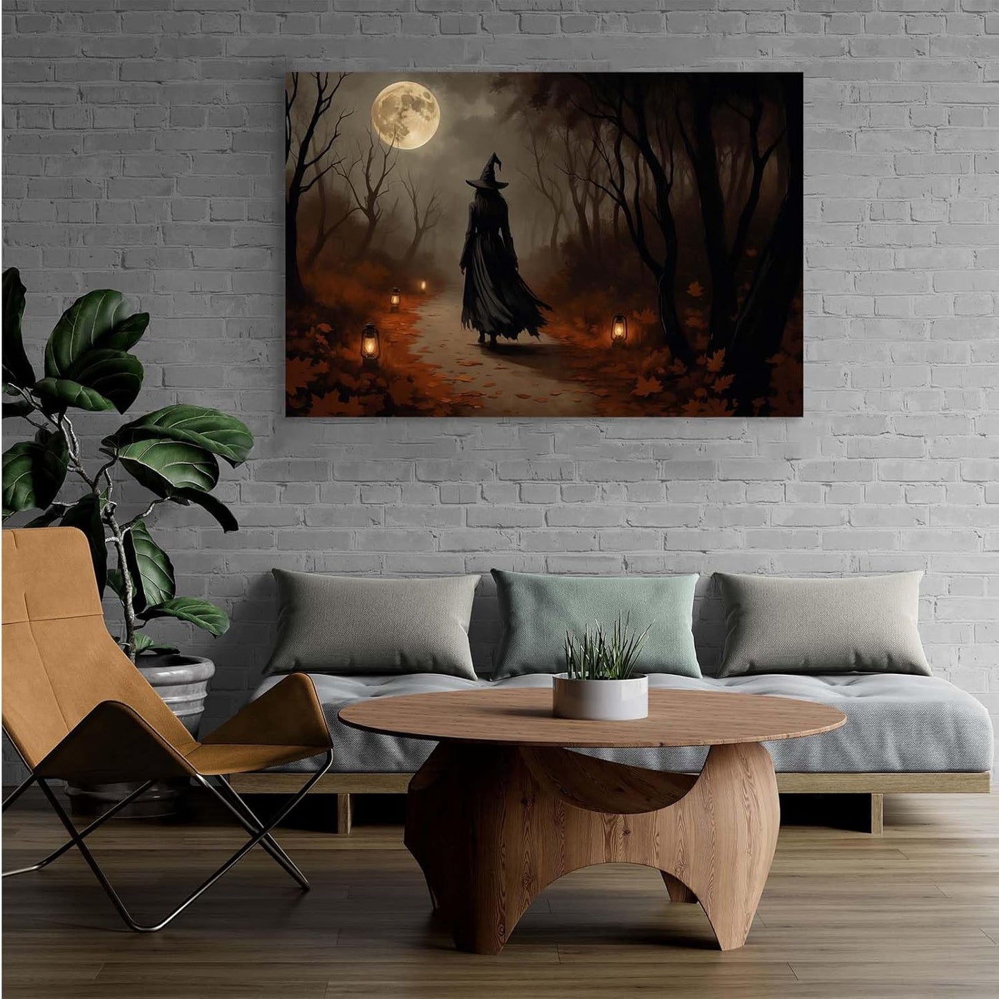 JFHCQJPK Moonlight witch poster dim lantern Halloween decoration Gothic style dark retro college style canvas wall art suitable for living room bedroom24x36in Frameless