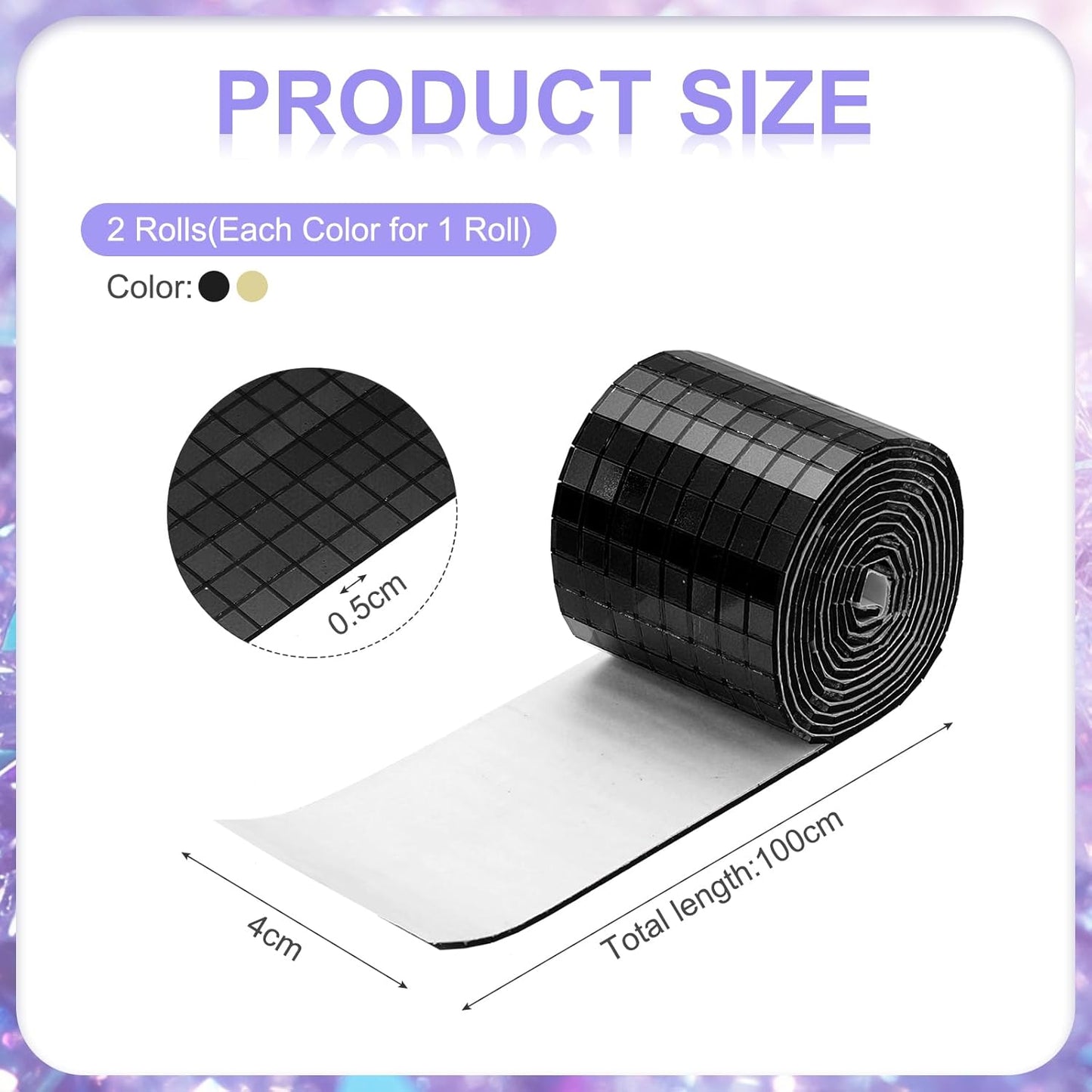 MECCANIXITY Self Adhesive Glass Mirror Mosaic Tiles 3200 Pcs 5 x 5 mm Disco Tiles for Craft Decoration Glass Mirror Disco Ball 2 Rolls (Black/Gold)