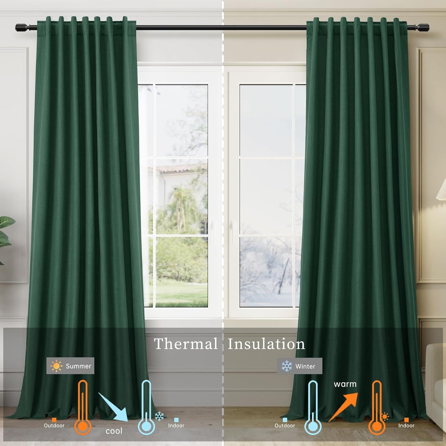 BOODII Green Linen 100% Blackout Curtains for Bedroom 102 Inch Long 2 Panels Window Curtain Floor to Ceiling Length for Living Room Sliding Glass Door Back Tab Linen Room Darkening Drapes 52x102