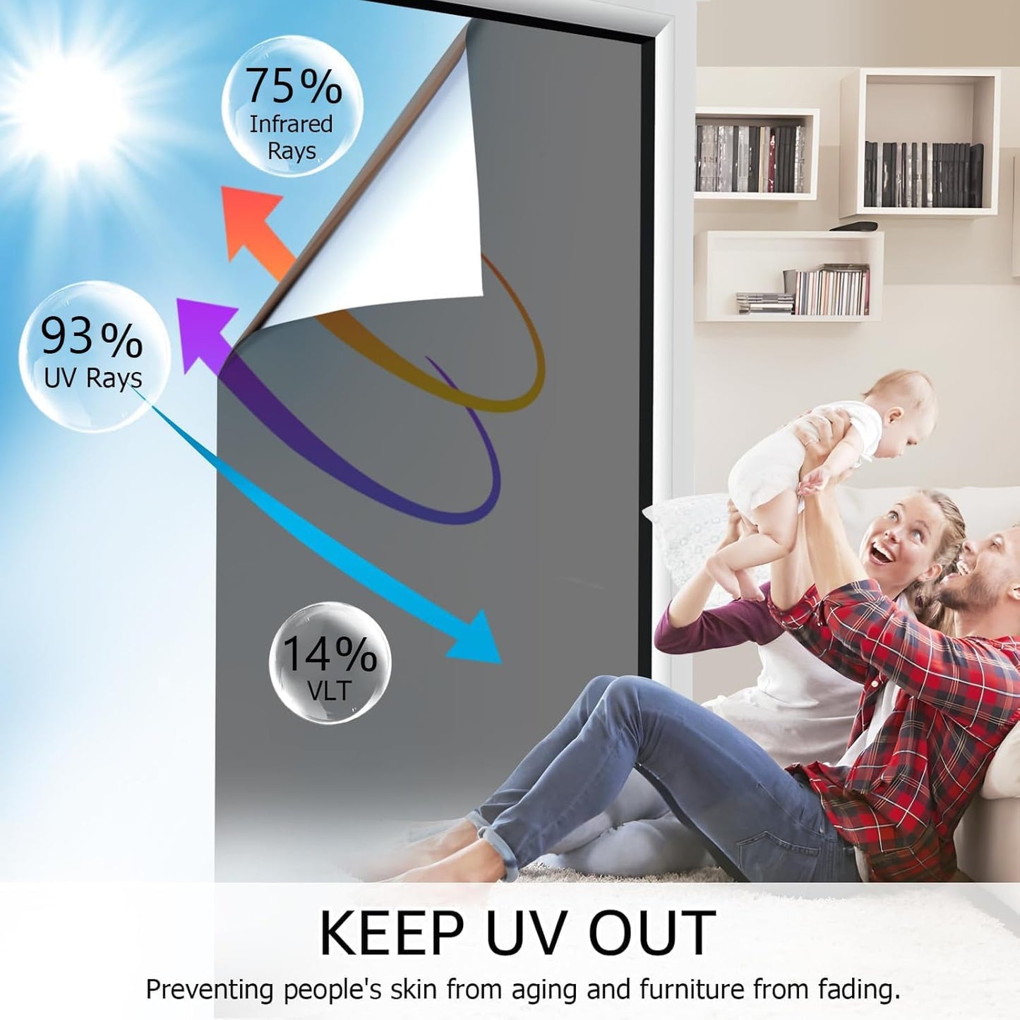 HIDBEA One Way Window Film, Daytime Privacy Sun Blocking Reflective Window Film No Glue Static Cling Heat Control Window Tinting Film for Home and Office, Black Silver, 55.1 x 78.7 Inch