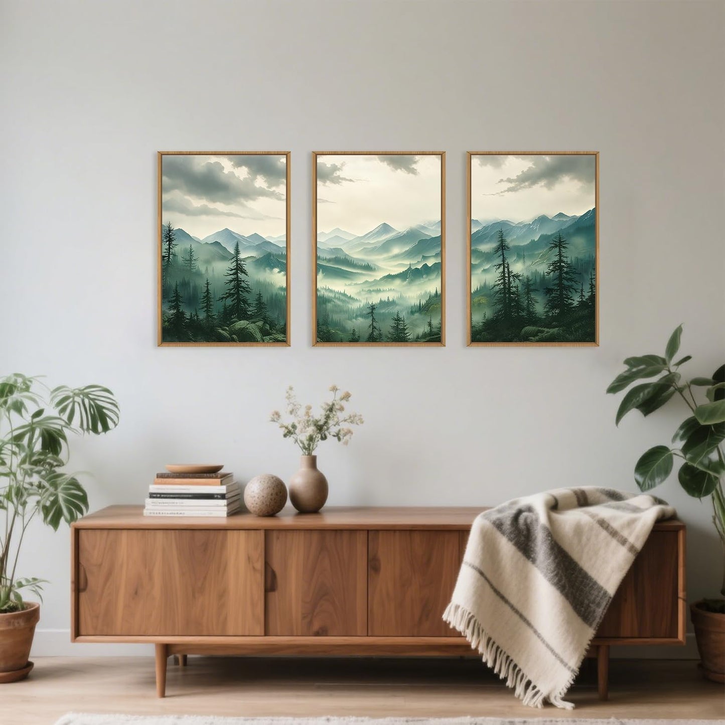 Green Foggy Mountain Framed Canvas Wall Art Set, Misty Forest Wall Decor, Watercolor Pine Tree Wall Painting, Large Nature Landscape Art Print for Living Room, Bedroom, Office - 16"X24"X3