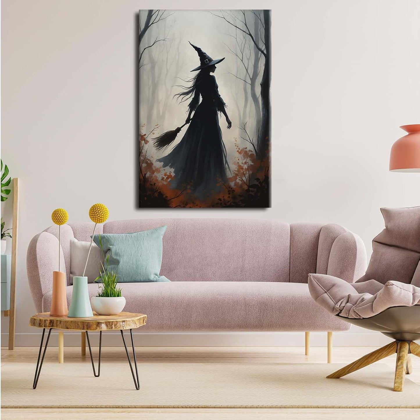 Vintage forest witch silhouette poster Halloween mural poster decoration mural art magic suitable for home living room bedroom12x16in Wood Framed