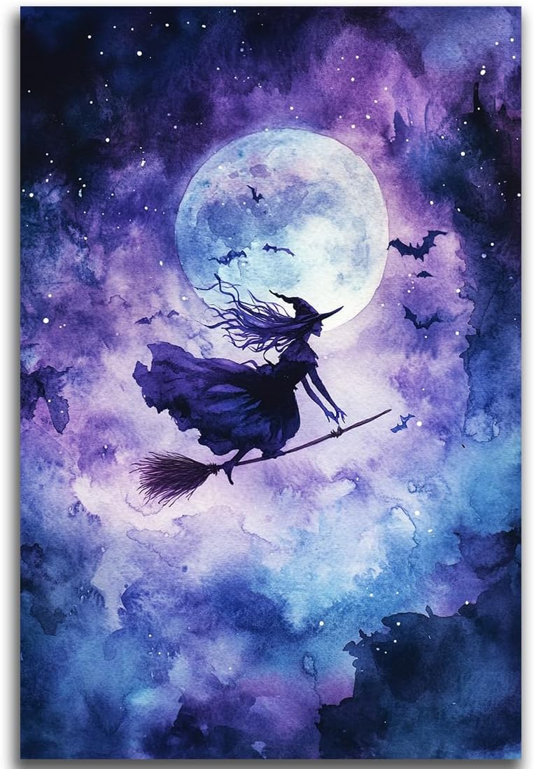Witch On Broom Flying Wall Art,Gothic Halloween Canvas Wall Art,Victorian Witch Silhouette In Moonlight Broomstick Poster Pictures,Creepy Halloween Purple Night Sky Print,16"x24" Unframed