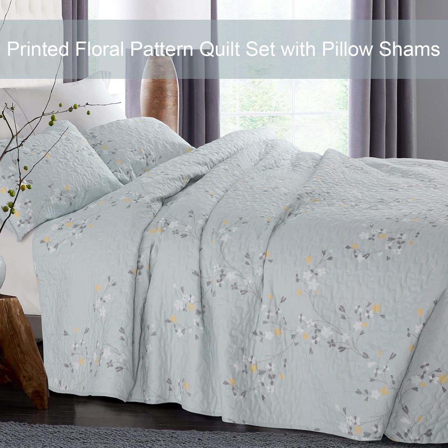 Exclusivo Mezcla Reversible Boho Quilt Set King Size, 3 Pieces Flowers Light Blue All Season Bedspreads, Ultra Soft Floral Coverlet Bedding Set with Printed Pattern (1 Quilt, 2 Pillow Shams)