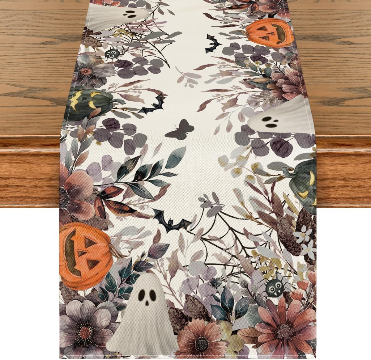 Artoid Mode Jack-O'-Lantern Pumpkin Floral Ghost Halloween Table Runner, Eucalyptus Kitchen Dining Table Decoration for Home Party Decor 13x120 Inch