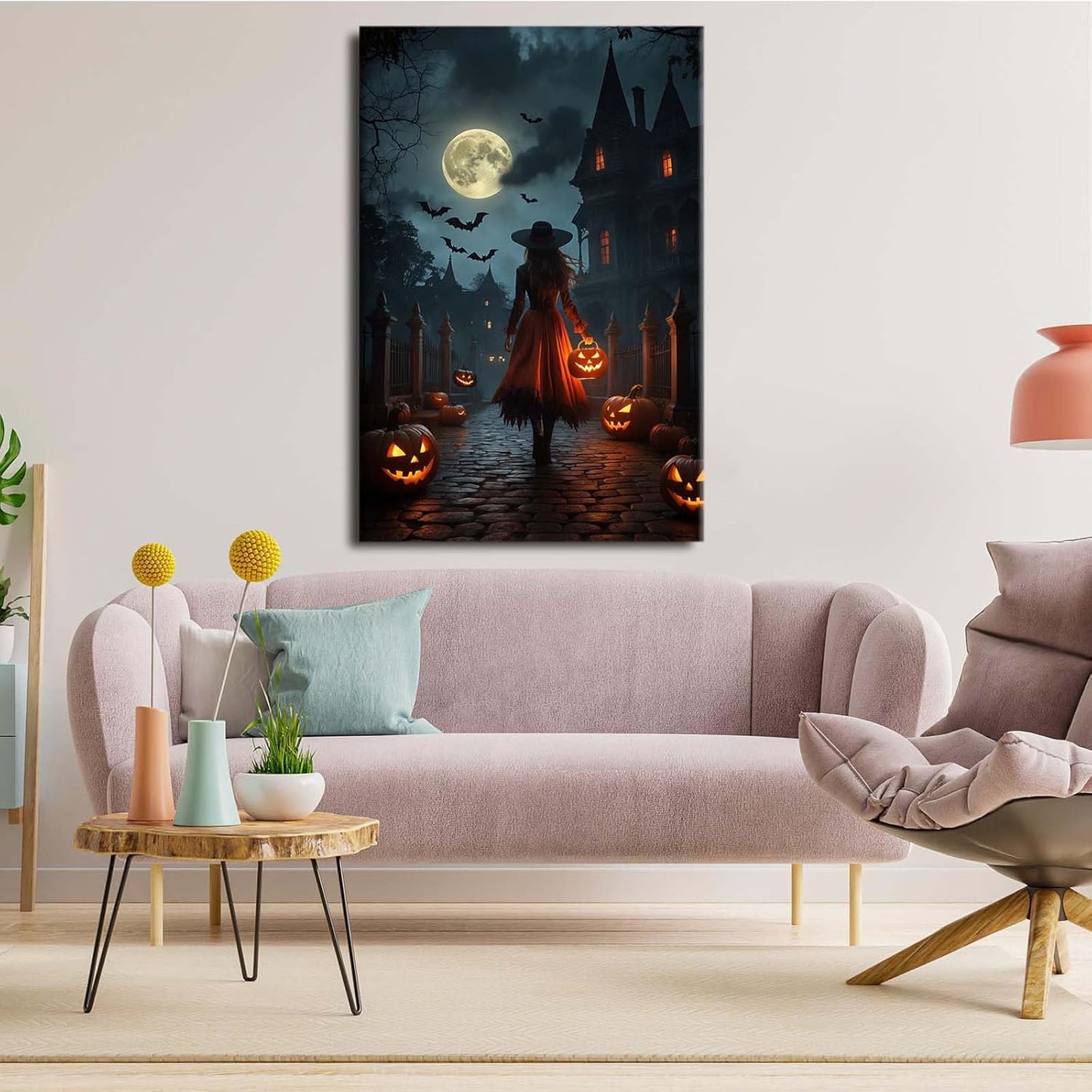 JFHCQJPK Halloween theme poster moonlit autumn night witch vintage poster art print dark college style gothic painting canvas wall decoration bedroom living room ideal gift12x16in Frameless