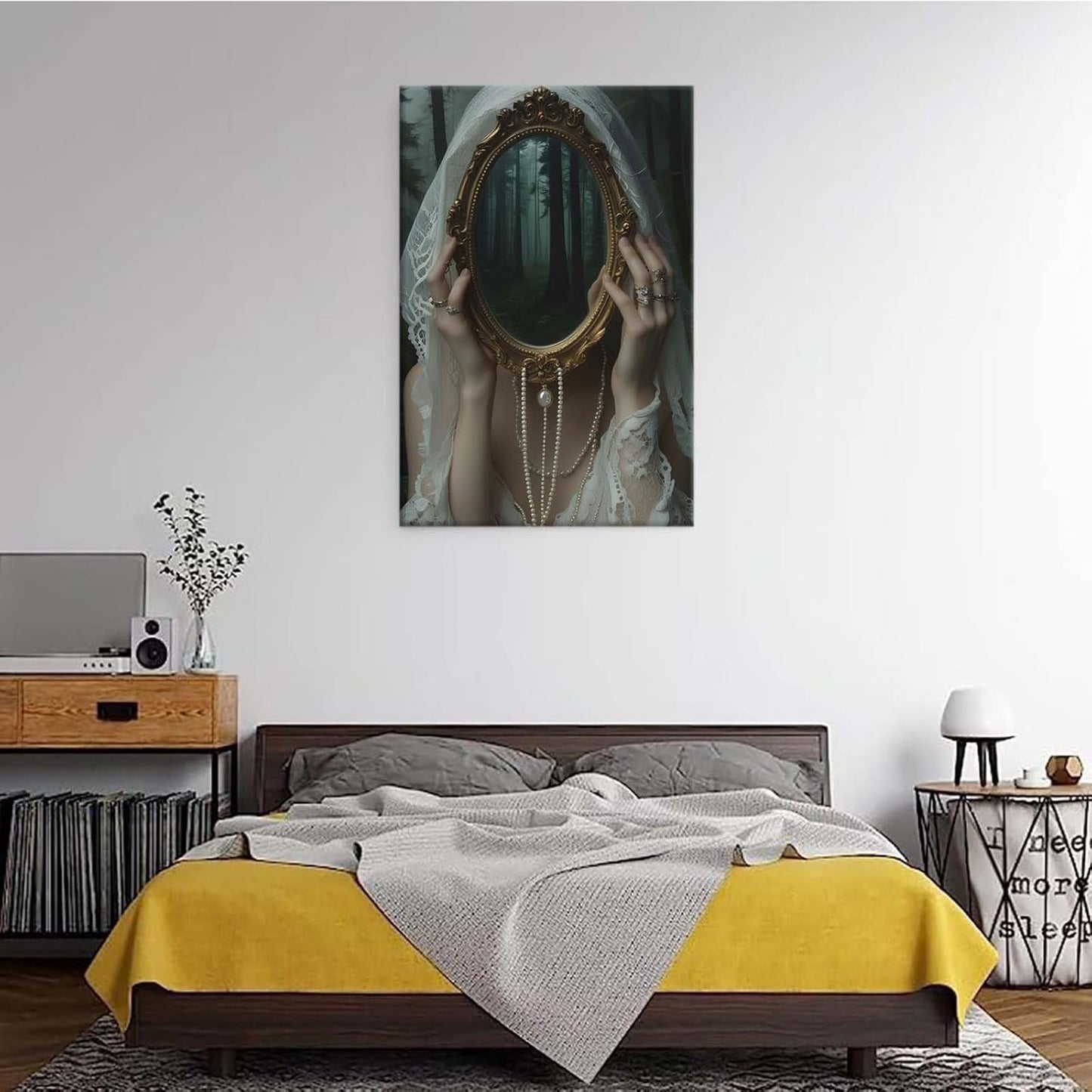 Mirror face covering dark art poster print melancholy gothic painting vintage feminine print victorian style decoration antique art8x12in Wood Framed