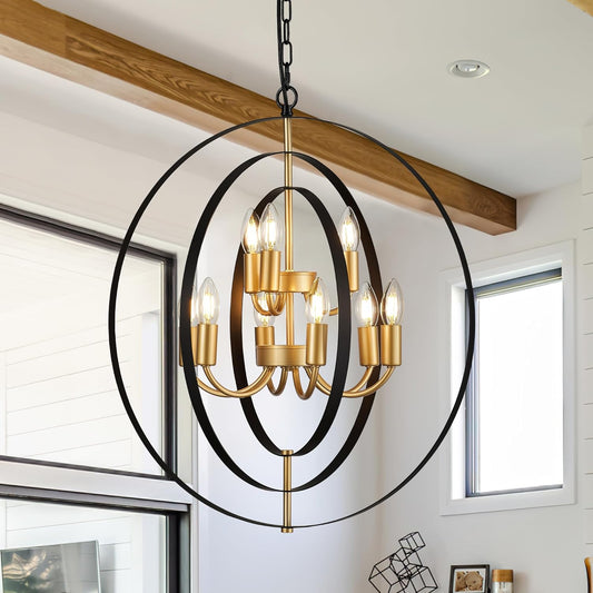 9-Light Globe Rustic Metal Chandelier, 23.6" Black Gold Adjustable Hanging Ceiling Pendant Light Fixture for Entryway Foyer Stairway Bedroom Dining Living Room Hallway