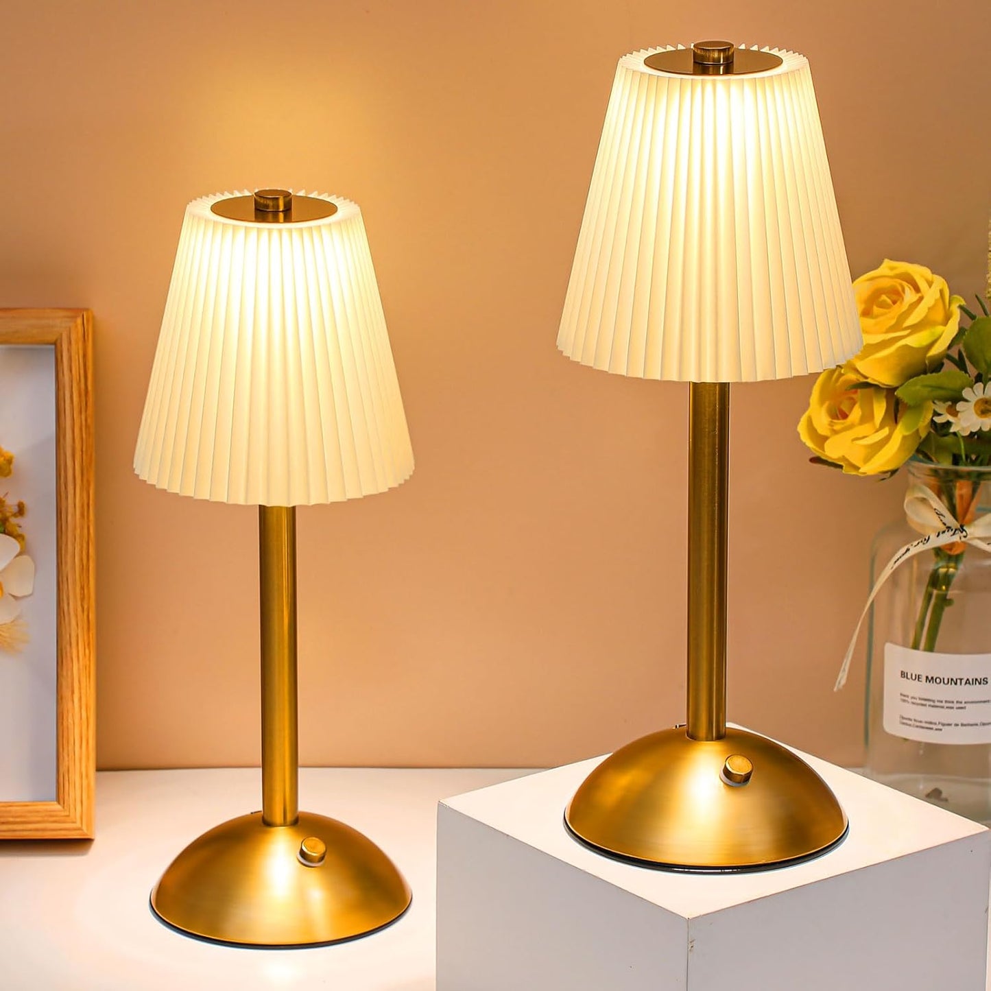 Liliful 2 Pcs LED Portable Cordless Table Lamp Touch Battery Operated Rechargeable Desk Lamp 3 Color Dimmable for Bedroom Living Room Dining (Beige Cloth Style,Gold)