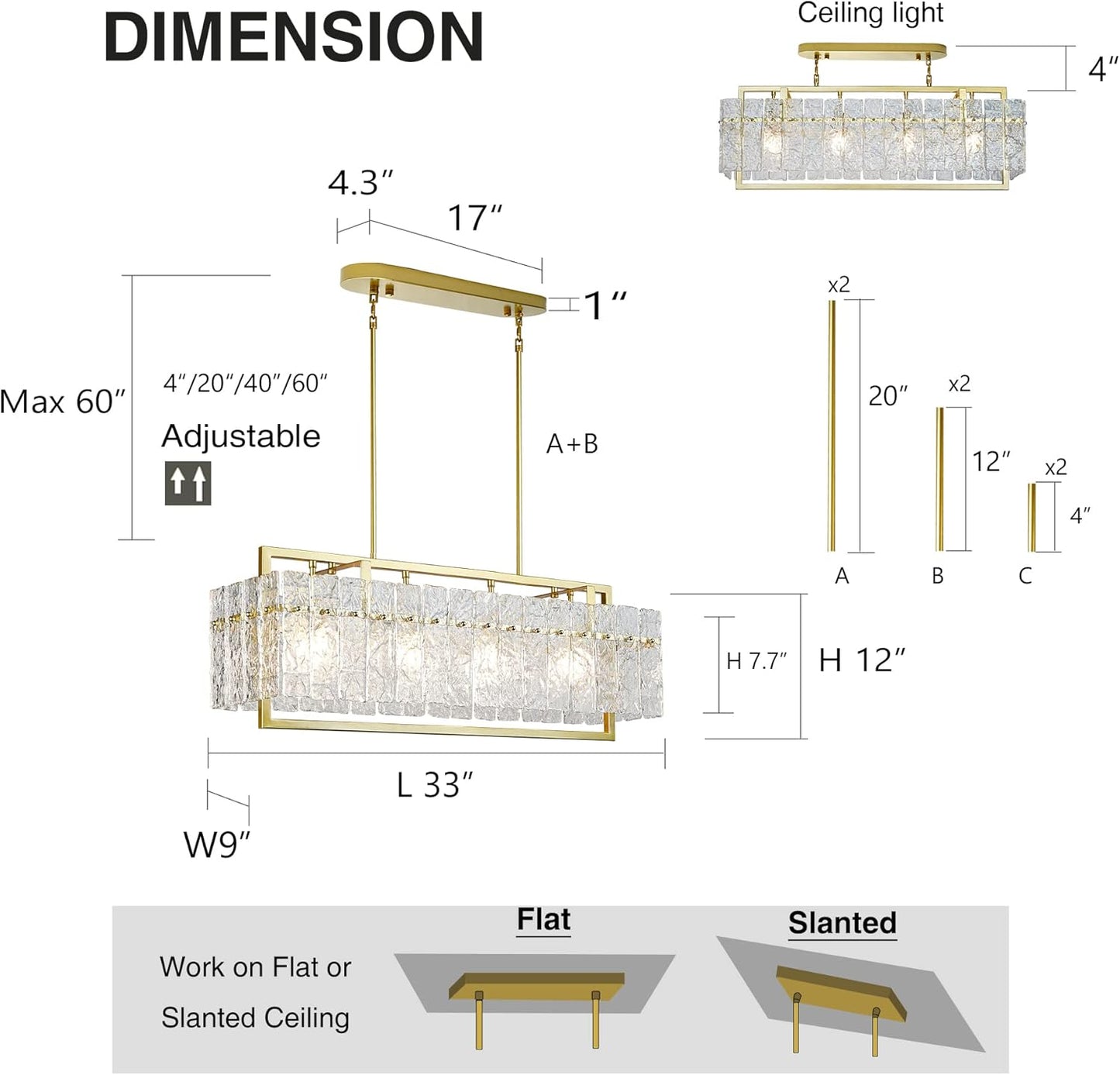 IKK Modern Gold Rectangle Chandeliers for Dining Room, Crystal Water Ripple Light Fixture, Elegant Farmhouse Linear Lighting for Kitchen Island, Bar Table, L33 x W9 x H12