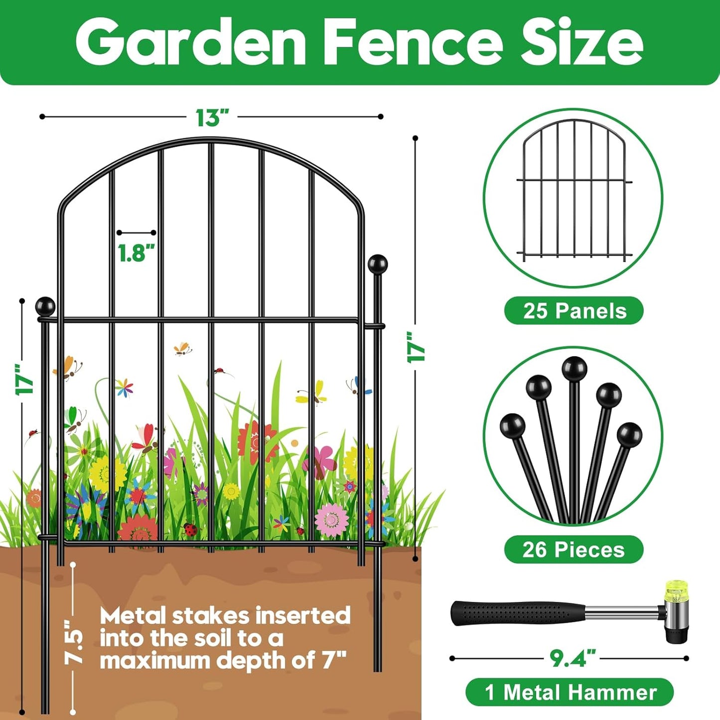 Decorative Garden Fence 17in (H) x25ft (L), Arched Rustproof Metal No Dig Fence for Dogs & Rabbit, Ornamental Animal Barrier for Flower Beds, Border Panels Fencing for Yard & Patio Outdoor Decor
