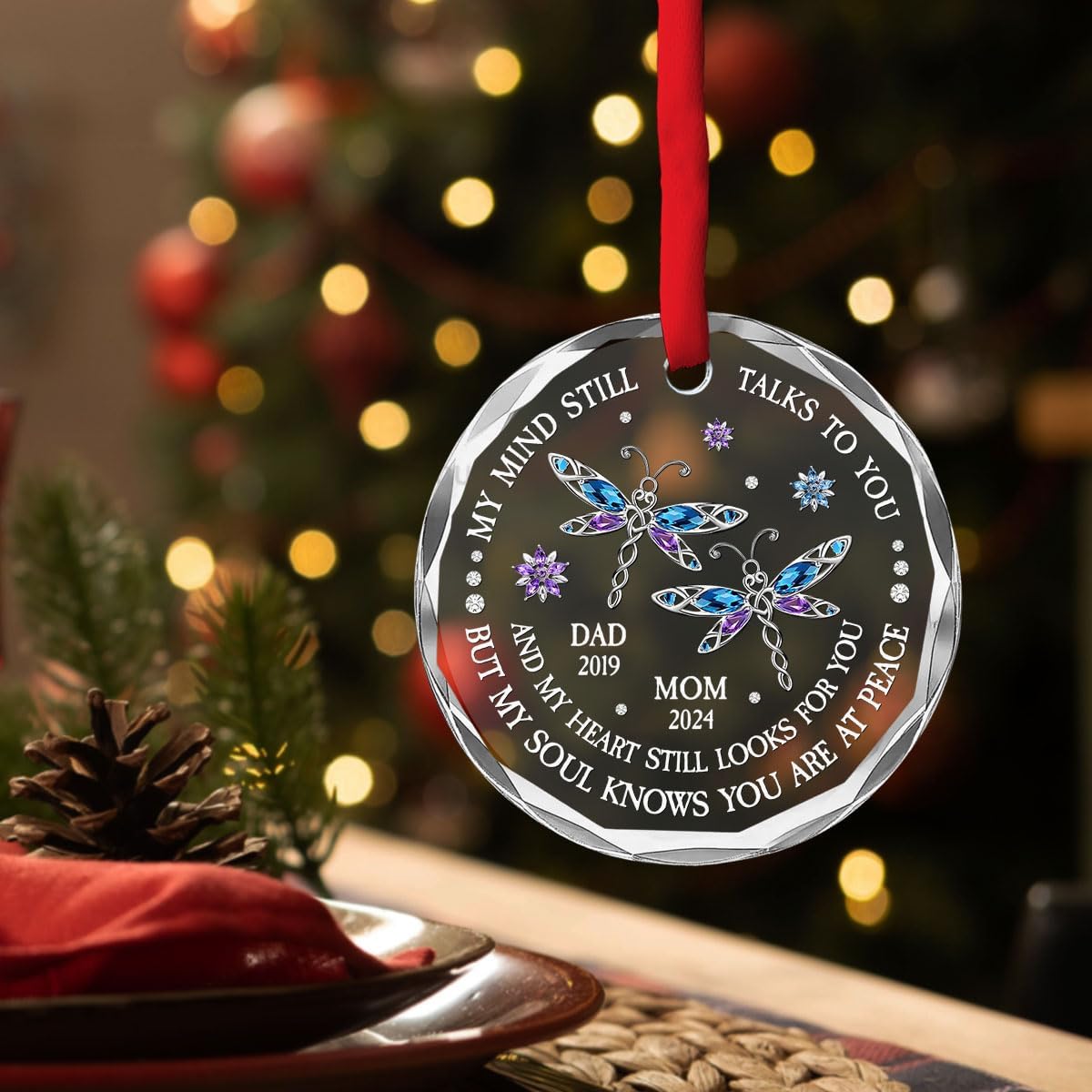 Personalized Memorial Christmas Ornament - My Mind Still Talks to You Butterfly, Custom Name Remembrance Glass Ornament for Loss of Loved Ones in Heaven, Sympathy Gifts for Deceased