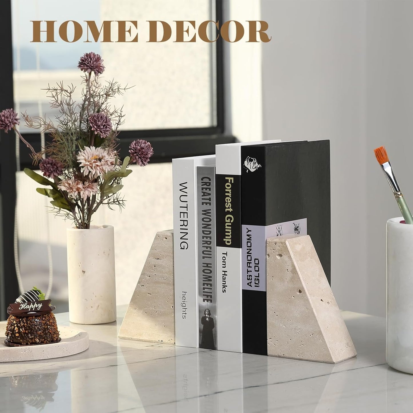 Travertine Bookends for Heavy Books, Marble Decorative Bookends for Shelves, Heavy-Duty Stone Book Ends for Hardback Book & Cookbooks, Unique Book Stopper & Holder, Travertino Italy